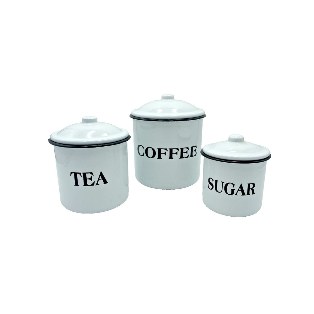 Farmhouse Coffee Tea Sugar White Black Enamelware Canister Set Metal Cottage